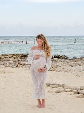 White Crochet Long Sleeve Maternity Dress